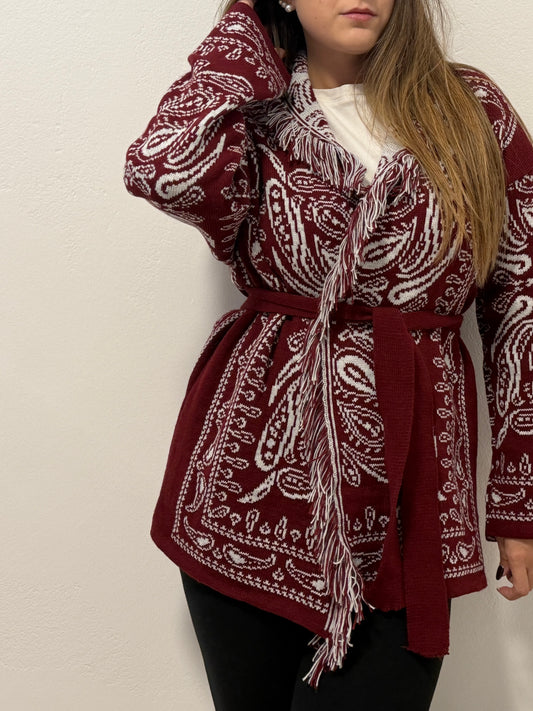 Cardigan Bandana Bordeaux e Bianco