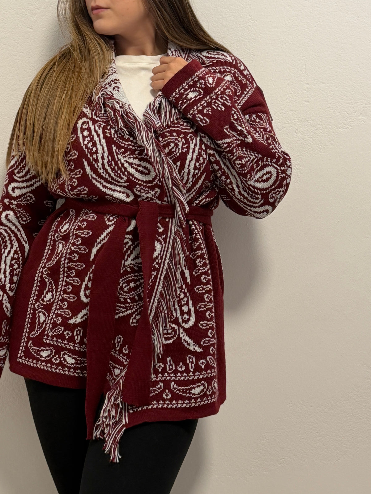 Cardigan Bandana Bordeaux e Bianco