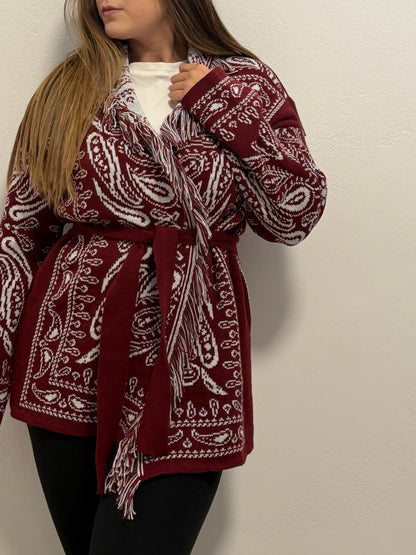 Cardigan Bandana Bordeaux e Bianco