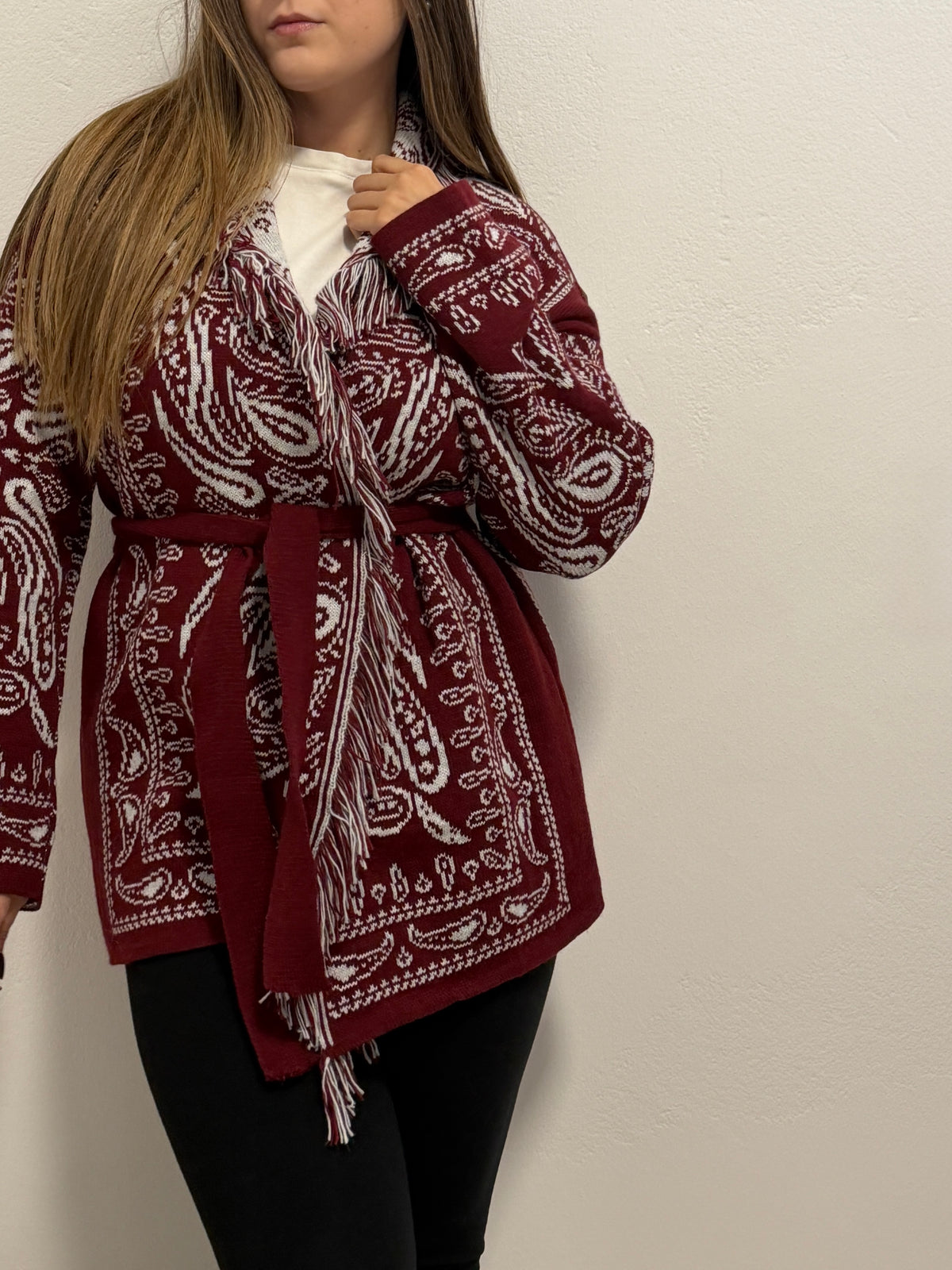 Cardigan Bandana Bordeaux e Bianco