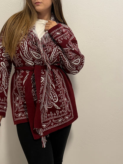 Cardigan Bandana Bordeaux e Bianco